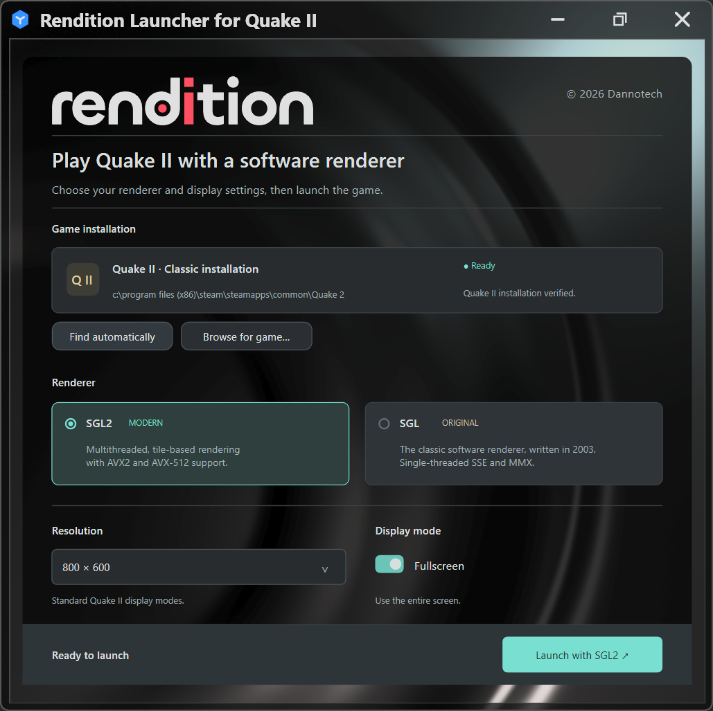 Rendition launcher for Quake II with game-folder selection, modern SGL2 and original SGL renderers, resolution, and fullscreen settings.